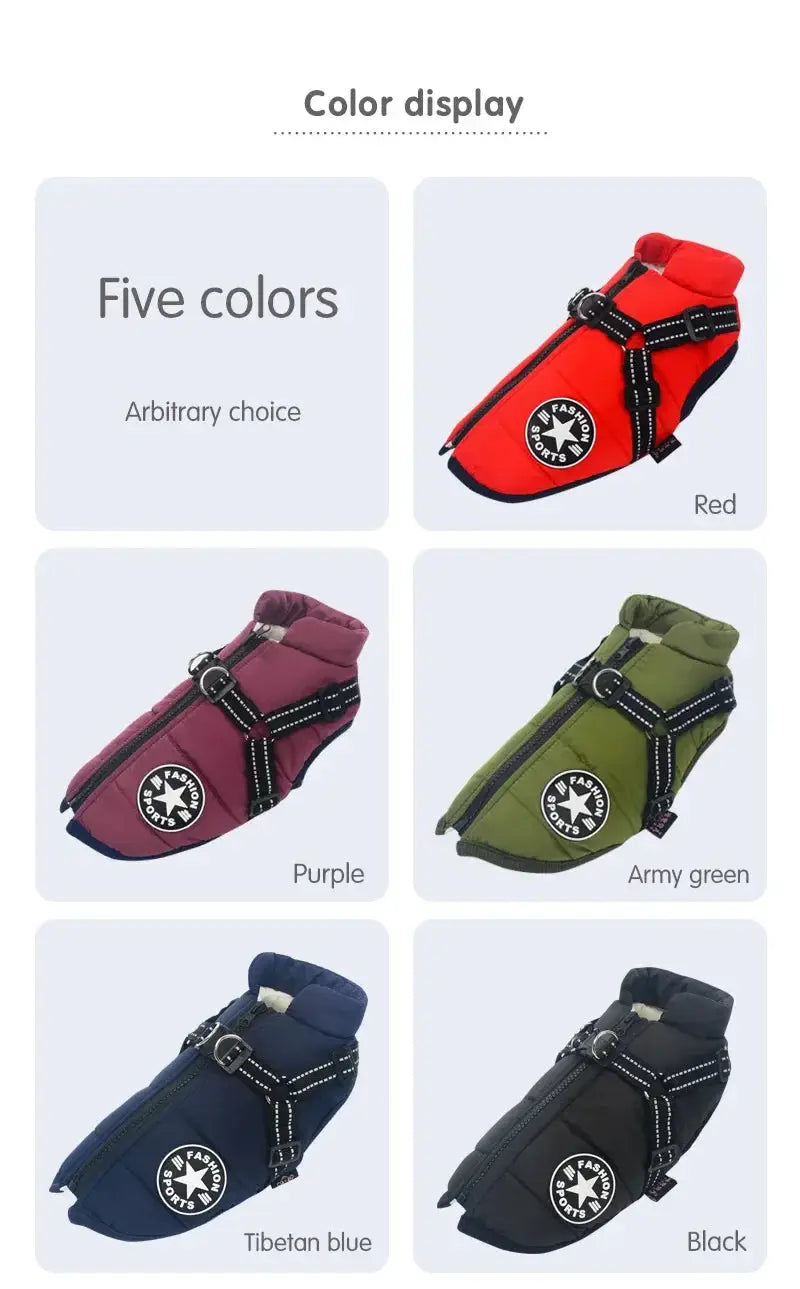 Large dog jacket with harness by Simples Market; waterproof winter coat for big breeds, 5 color options.
