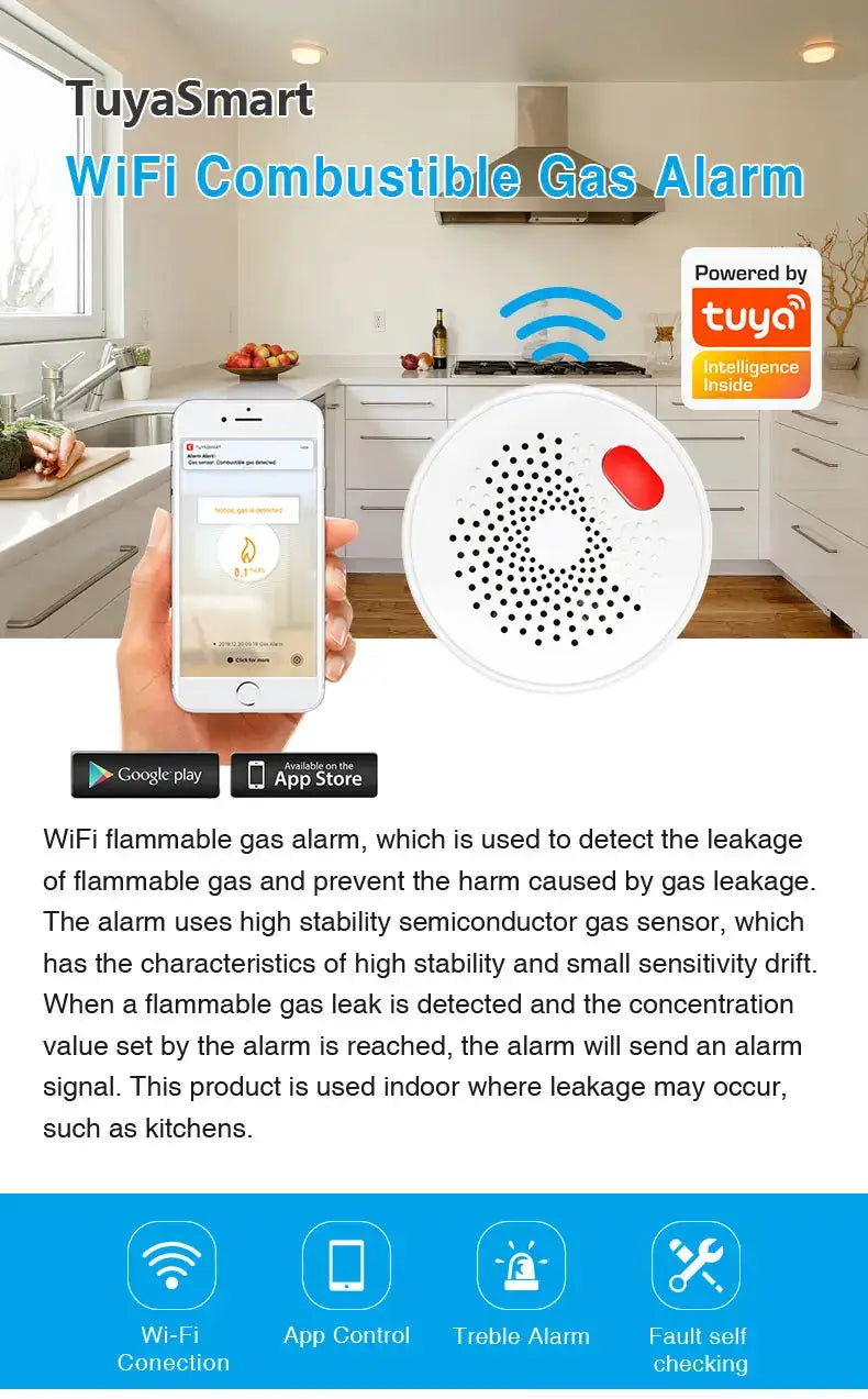 TuyaSmart WiFi gas leak detector; white circular sensor with red test button, app-controlled home safety device.