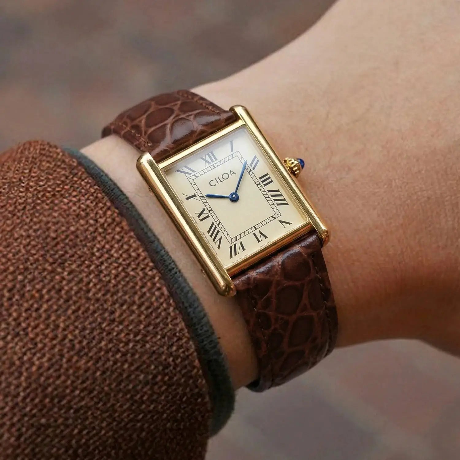 CILOA men's luxury retro square watch, gold case, cream dial, brown textured leather strap