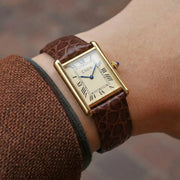 CILOA men's luxury retro square watch, gold case, cream dial, brown textured leather strap