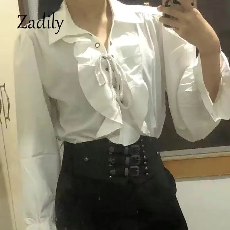 Ouji Womens Victorian Gothic Blouse Ruffled Front With Adjustable Lace Up Closure
