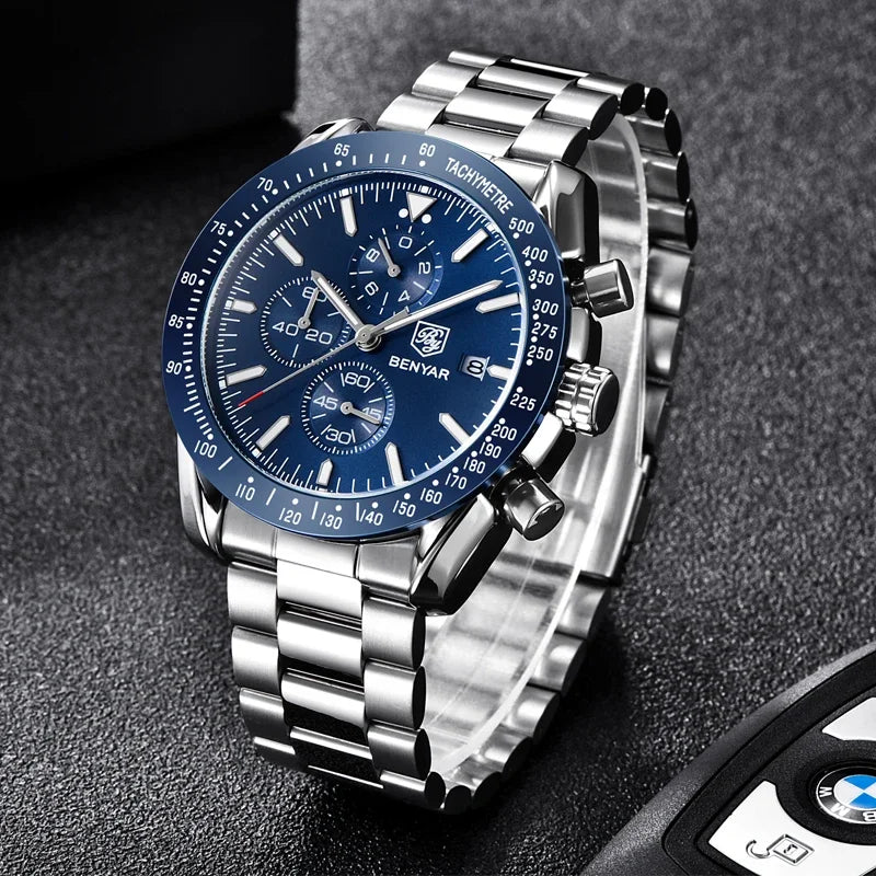 Men's BENYAR stainless steel watch with blue dial, chronograph subdials, tachymeter bezel