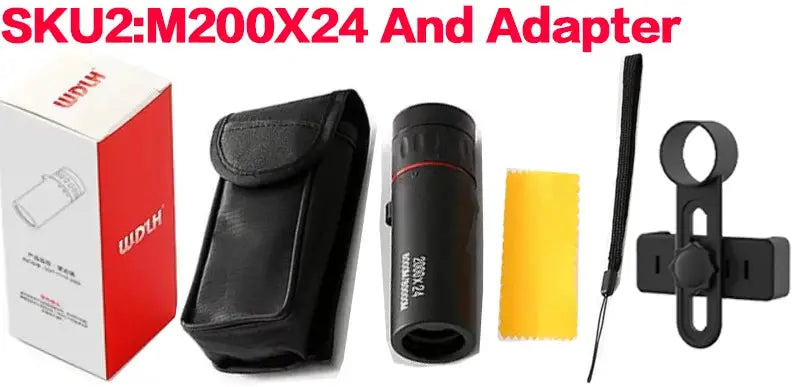 Monocular telescope upgrade 2000X24 6-piece bundle; black monocular with pouch, cleaning cloth, strap, and phone adapter