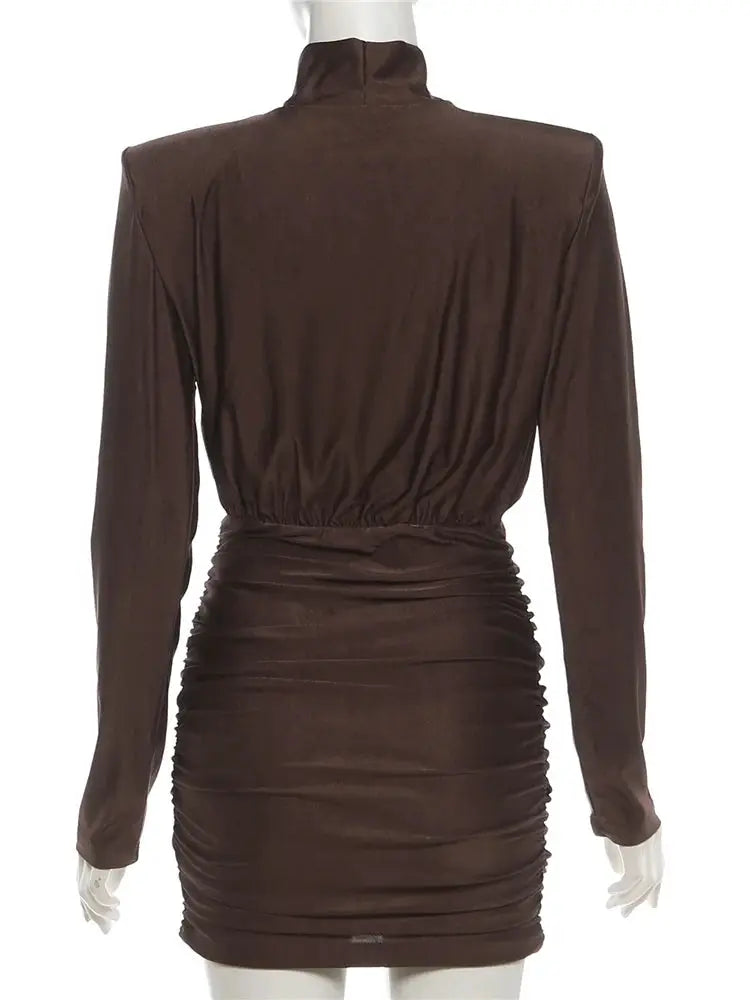 Nibber Turtleneck Dress Women Shoulder Ruched Peach Mini Bodycon