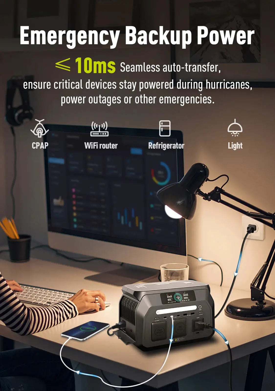 IEE P800 portable power station by Simples Market; LiFePO4 512Wh, 2x800W AC outlets, gray/black on desk with computer.
