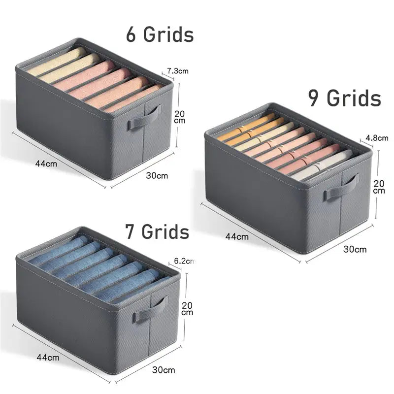 Simples Market thickened pants storage box, foldable wardrobe organizer with 6/7/9 grids, gray fabric, 44 cm × 30 cm × 20 cm