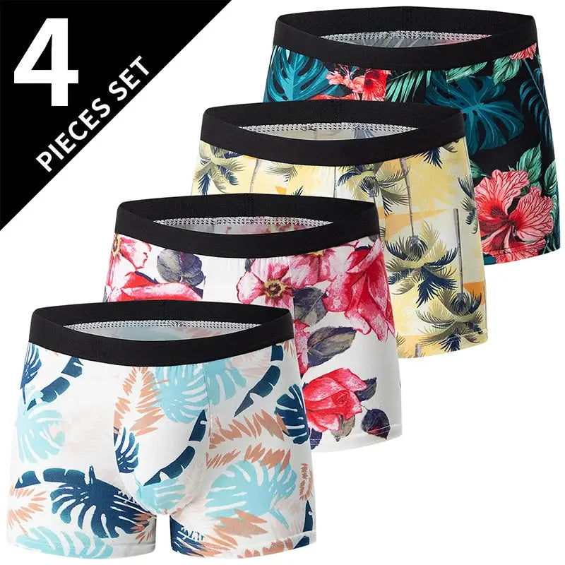 Men's printed swim trunks 4-piece set by Simples Market with tropical patterns and black waistbands