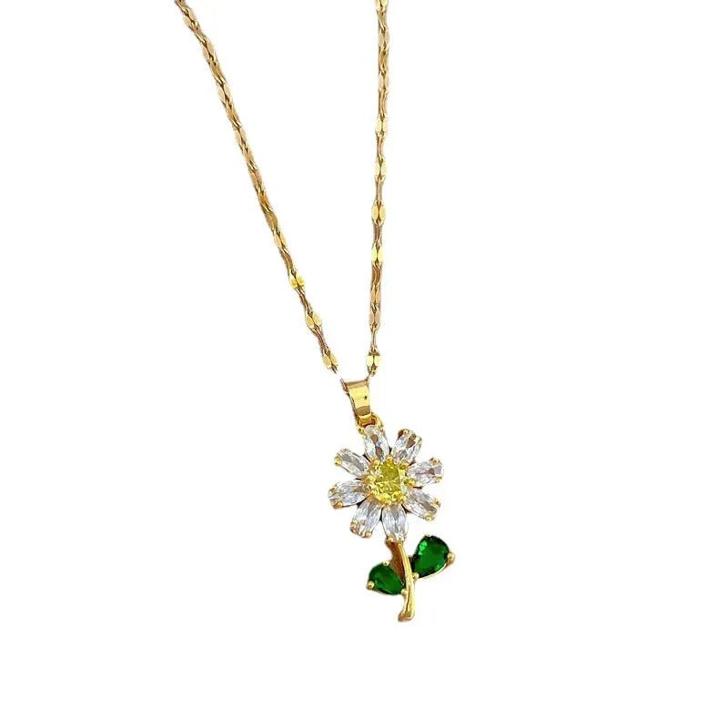 316L Stainless Steel Full Zirconia Flower Pendant Necklace For Women Clavicle Chain Jewelry Gift - Simples Market