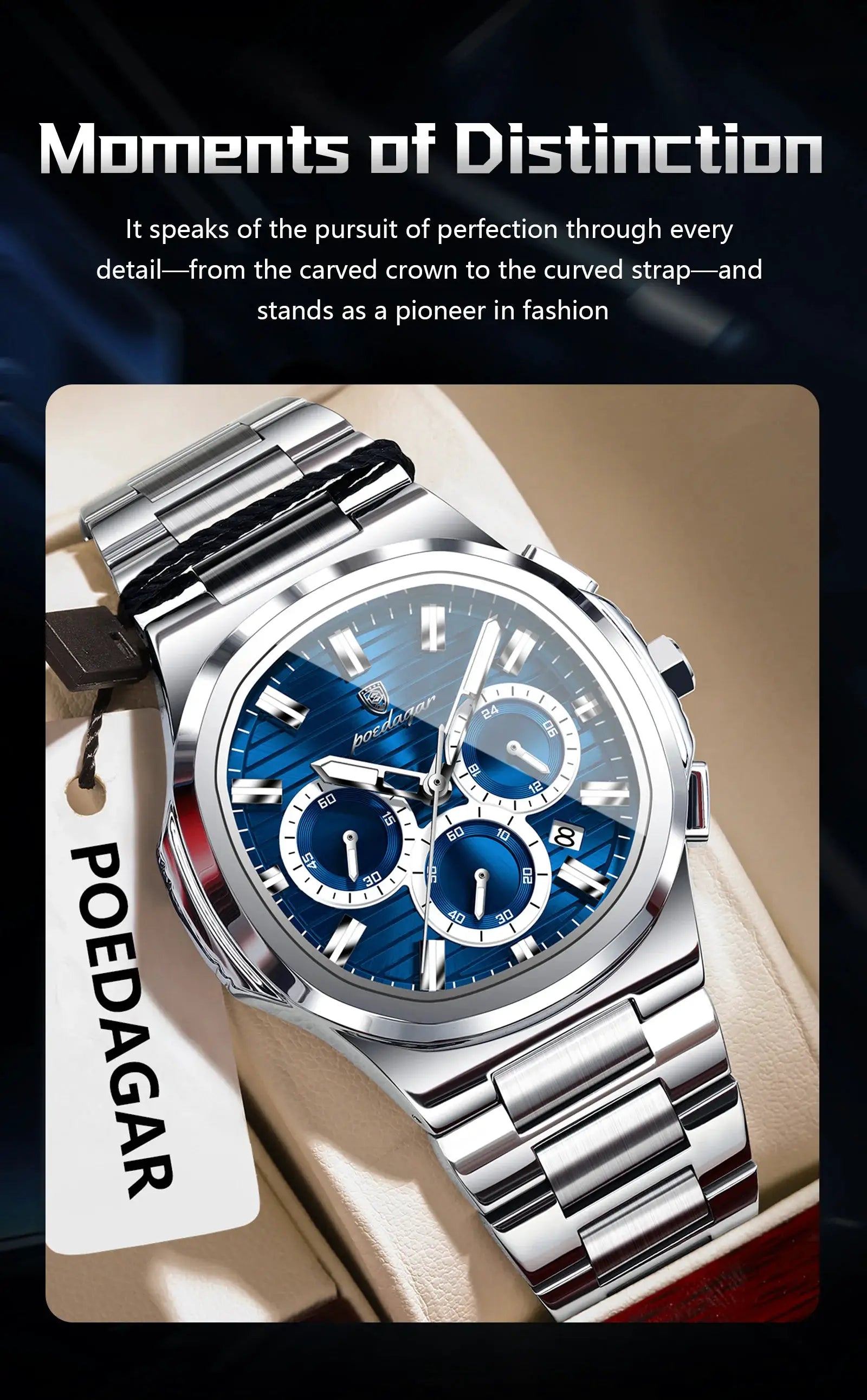 POEDAGAR wristwatch with blue chronograph dial, stainless steel case and bracelet, date function