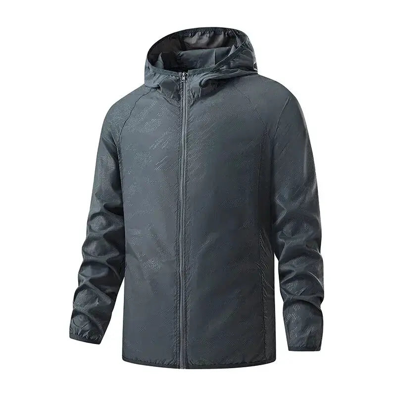 Hooded waterproof hiking jacket in dark gray, unisex windbreaker with full front zip.