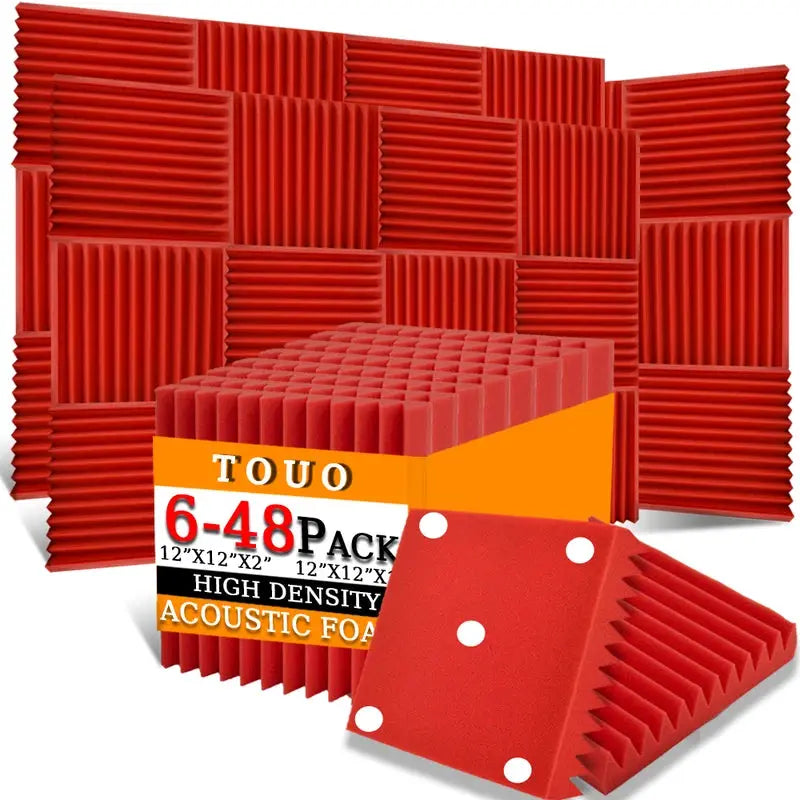 TOUO red high-density acoustic foam panels, 6-48 pack for studio wall soundproofing