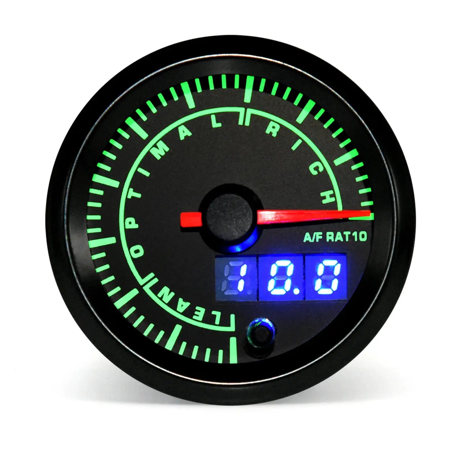 52mm dual-display automotive gauge with green backlit dial and blue digital readout