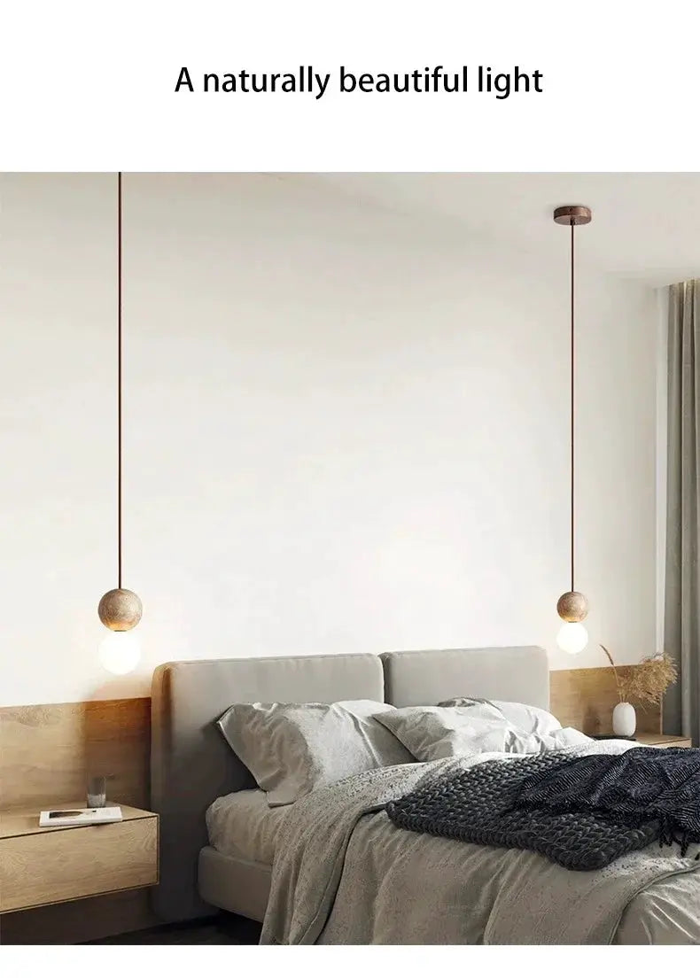 Led pendant lights, stone cream spheres on long hanging cords (pair) for bedroom bedside