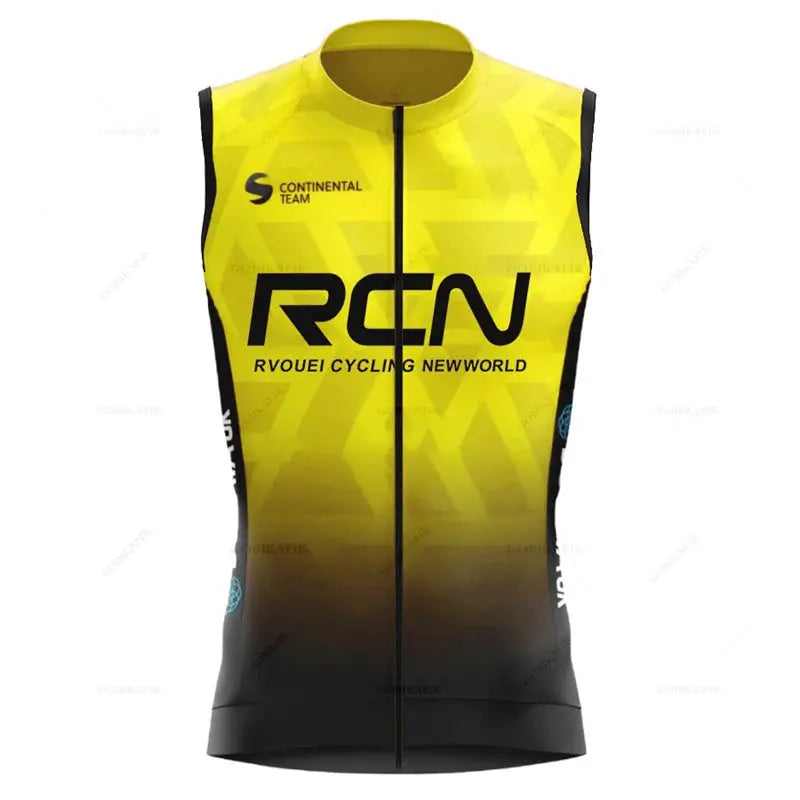 Rvouei cycling vest, sleeveless windproof, neon yellow to black gradient with front zipper and RCN branding.
