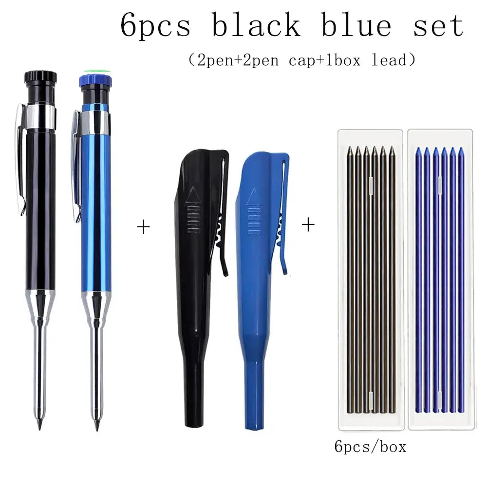 6pc metal carpenter pencil set with built-in cap sharpener and lead refills in black and blue