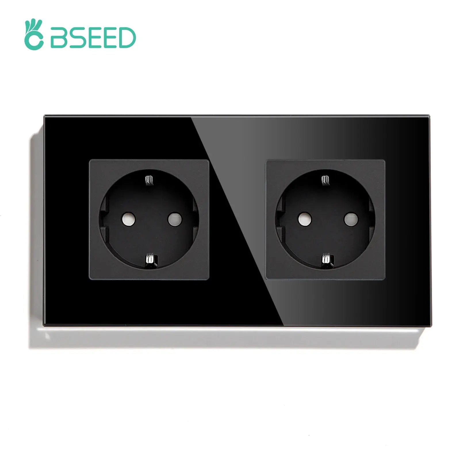 BSEED glass-panel dual EU power outlets on a glossy black plate