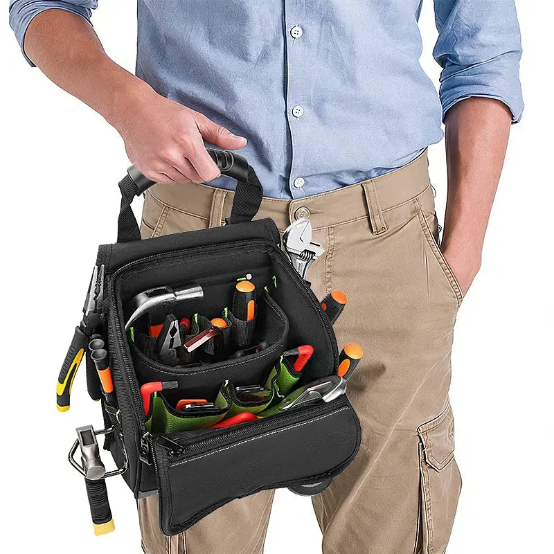 JAKAH Professional Electricians Tool Pouch with ergonomic rubber handle, black with green interior, multi-pocket design