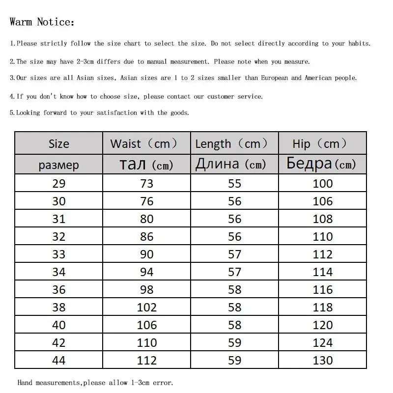Men's pants size chart with waist, length and hip measurements in cm; Asian sizes 29–44 with warm notices.