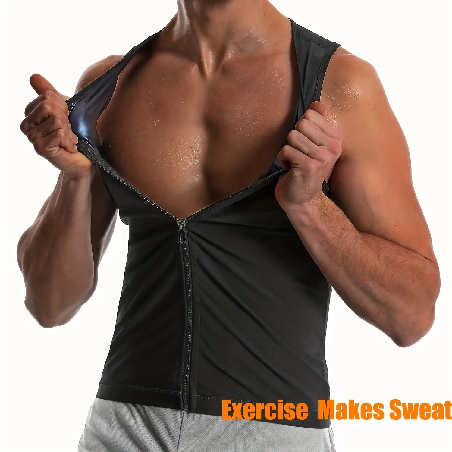 Men's sauna waist-trainer vest with front zipper, black body-shaper for workouts