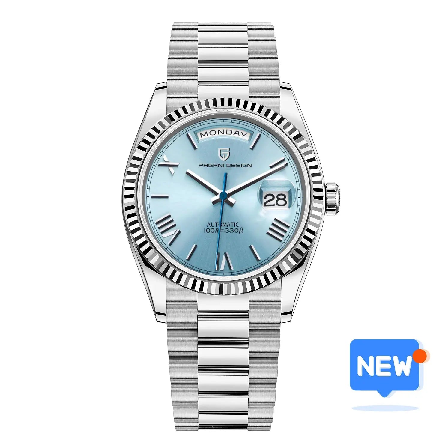 Pagani Design DD36 men's automatic watch with blue dial, day-date window, stainless steel bracelet