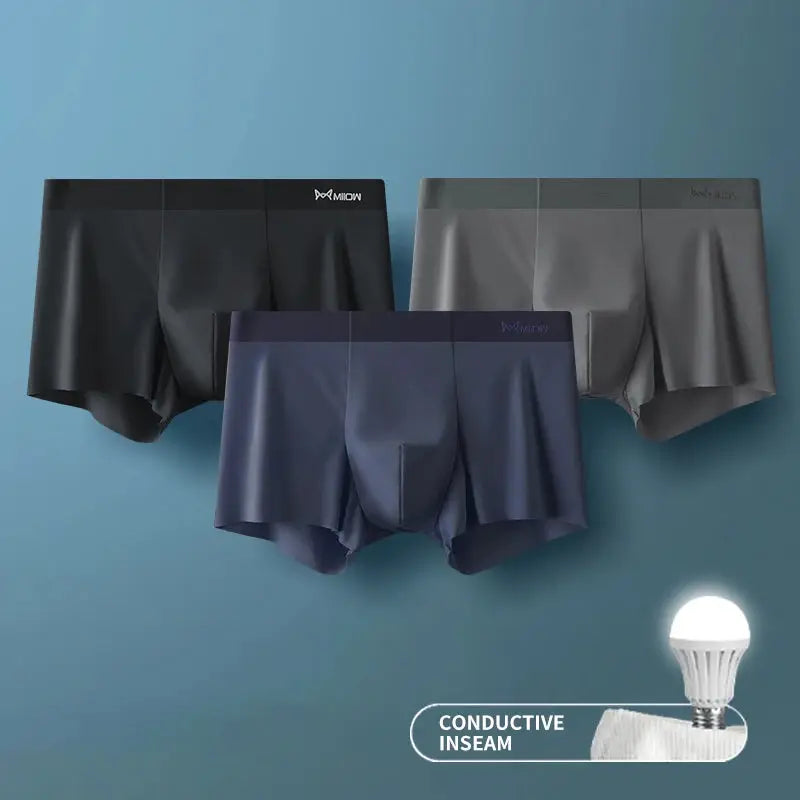 MIIOW 3-pack ice silk antistatic men's underwear boxers in black, gray, and navy with seamless cut hems