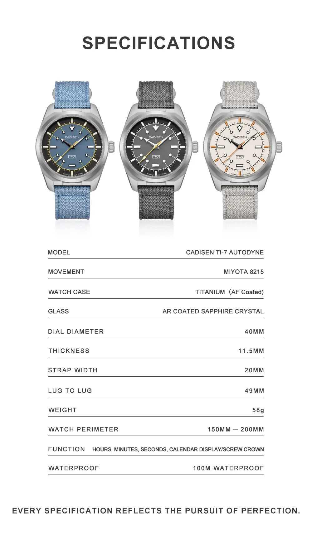 CADISEN TI-7 Autodyne wristwatches, three pieces, with blue, gray, beige canvas straps, titanium case