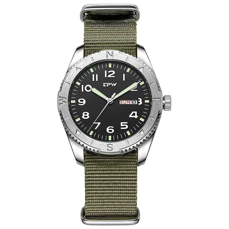 Simples Market TPW 40mm field watch with olive fabric strap, black dial, luminous hands, day/date, rotating bezel.