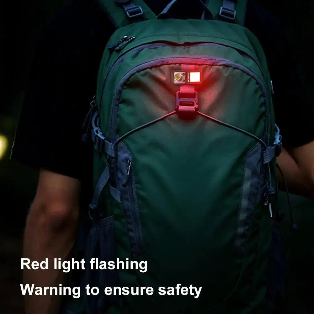 Simples Market LED magnetic clamp flashlight; red flashing clip-on camping light on a backpack.