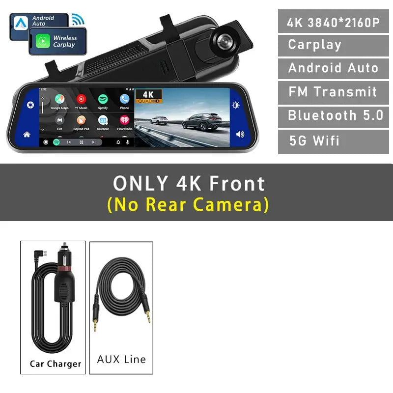 10In Dash Cam 4K 3840x2160P CarPlay Android Auto GPS WiFi Rear Mirror