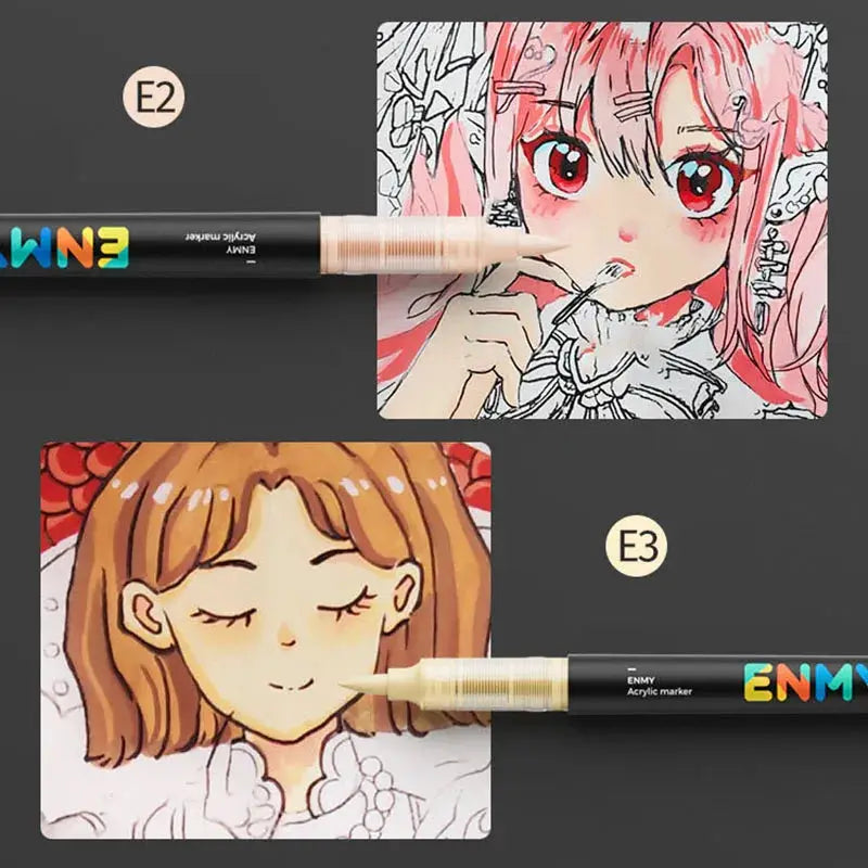 Two ENMY acrylic markers with soft tips, black bodies and rainbow logo, shown with anime art on felt