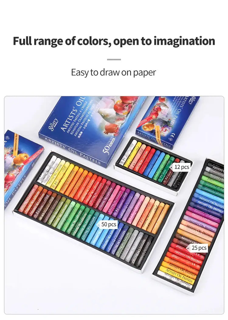 MUNGYO Artist Soft Oil Pastels set; 50-piece color palette with 25- and 12-piece packs in blue boxes