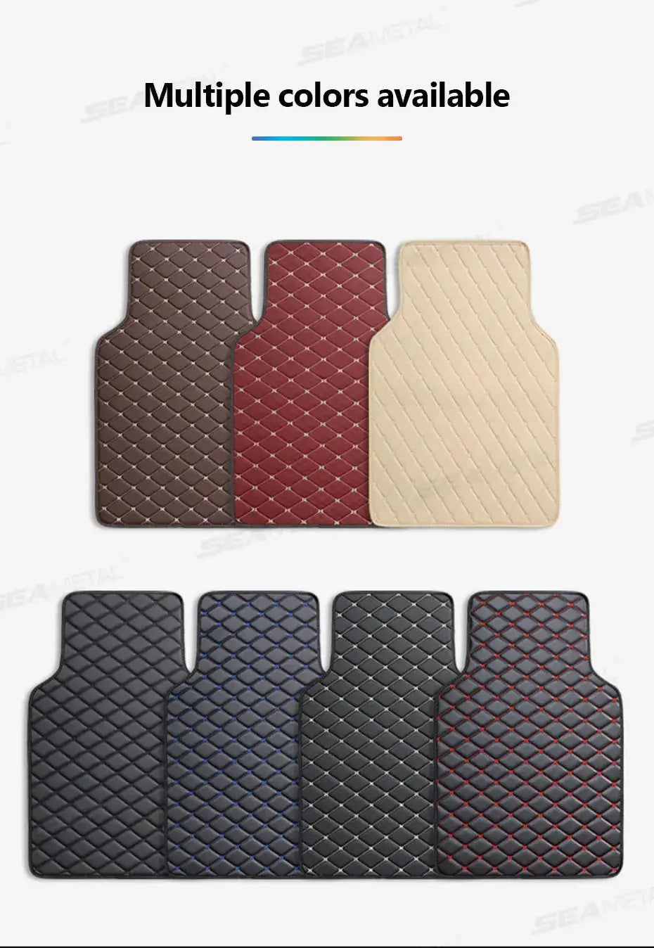 SEAMETAL car floor mats; quilted, waterproof universal interior mats in brown, red, beige and dark tones (8 shown).
