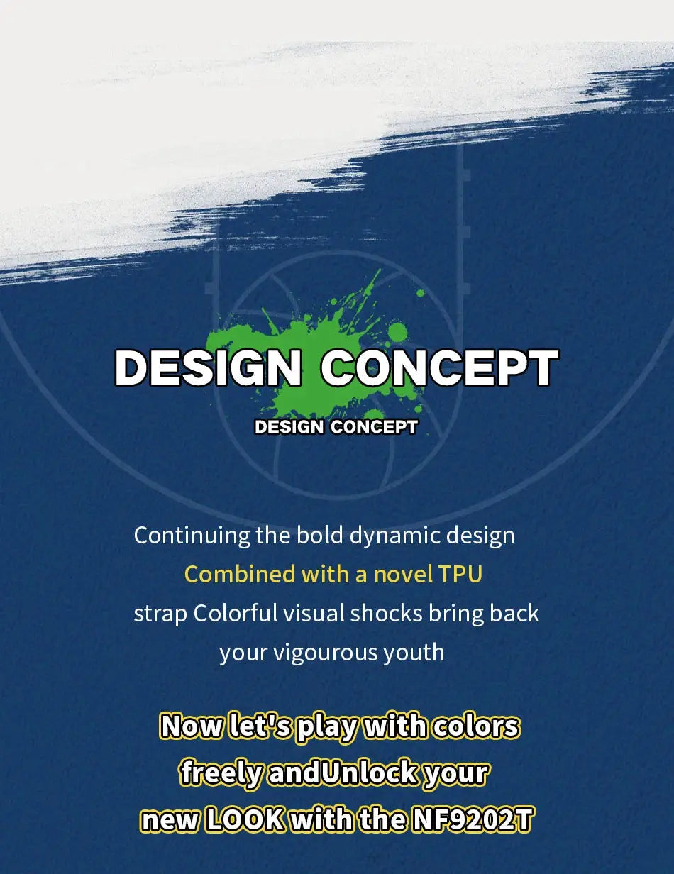 Watch design concept banner for NAVIFORCE on blue gradient background with green splash text