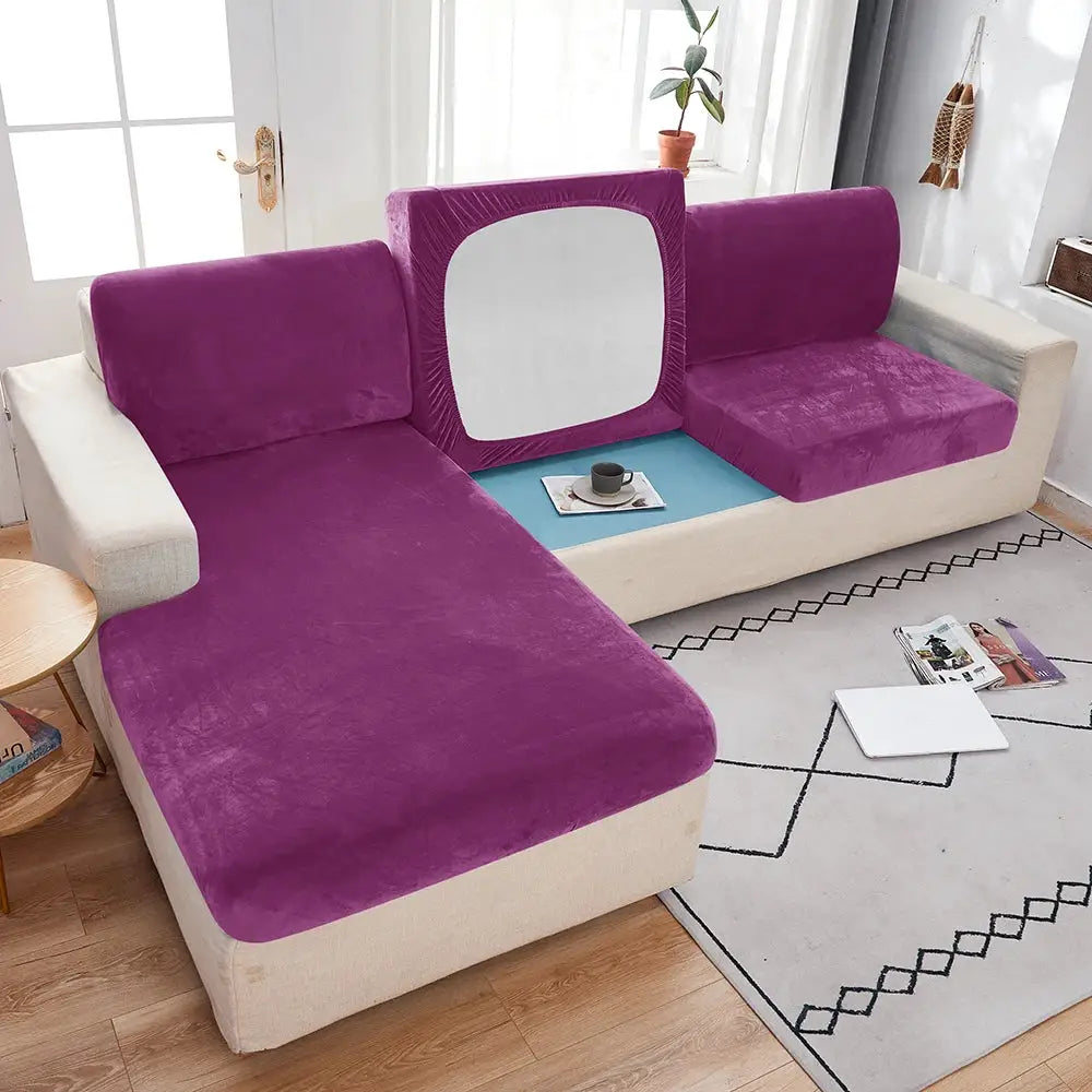 Plush purple sofa slipcover with anti-slip elastic for living room furniture protector