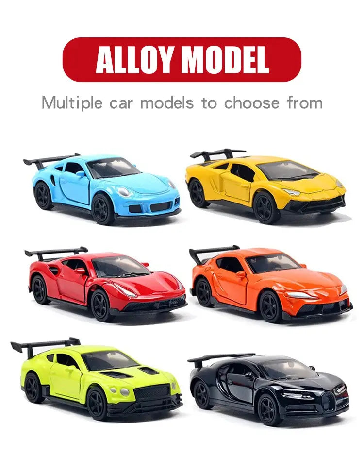 Simples Market alloy drift car models, six toy sports cars in blue, yellow, red, orange, lime green and black