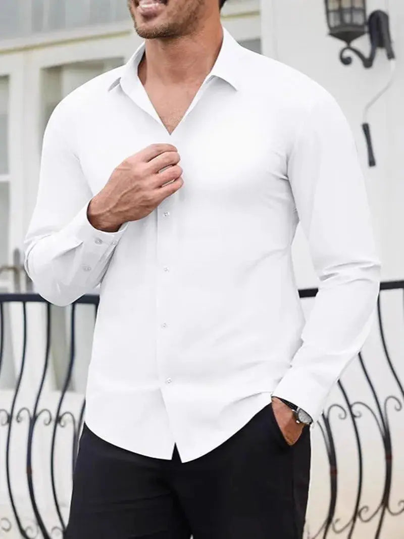 Men's white seamless long-sleeve shirt, no-iron, business casual