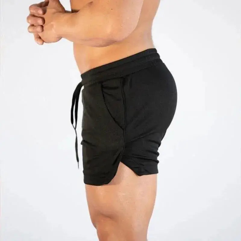Men's black fitness gym shorts with drawstring for running and hiking.