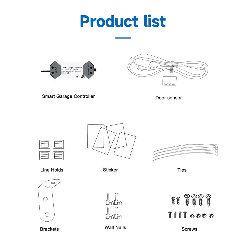 8-piece Tuya garage door kit: Smart Garage Controller, Door Sensor, line holds, sticker, ties, brackets, nails, screws.
