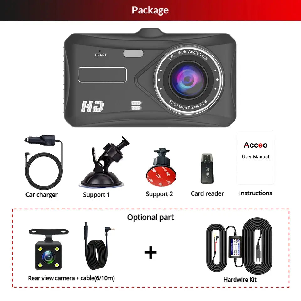 E-ACE 1080P car dash cam package by Simples Market with front camera, 6 accessories, and optional rear kit