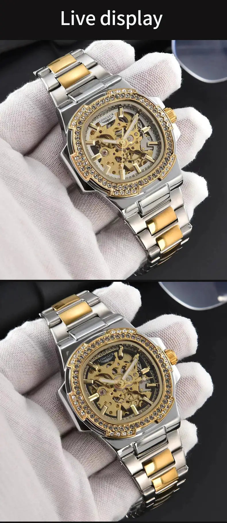 LONGLUX automatic skeleton men's watch; two-tone stainless steel bracelet with diamond-studded bezel.