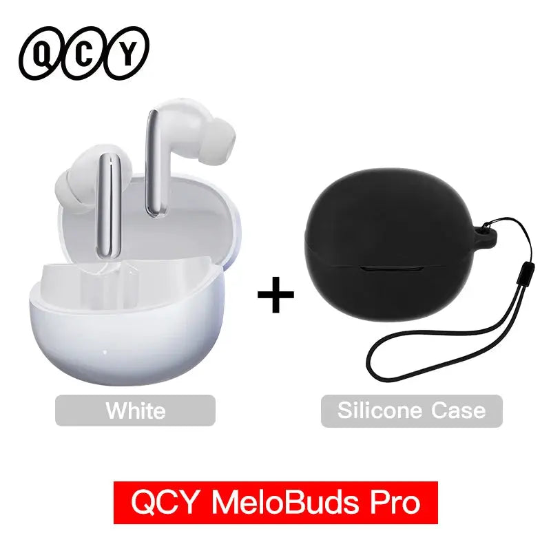 QCY MeloBuds Pro wireless earphones in white with black silicone case, 2 items