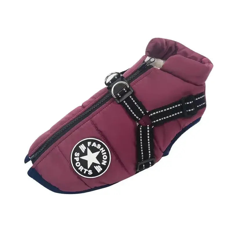 Large dog jacket with harness, maroon padded waterproof coat with zipper and adjustable straps