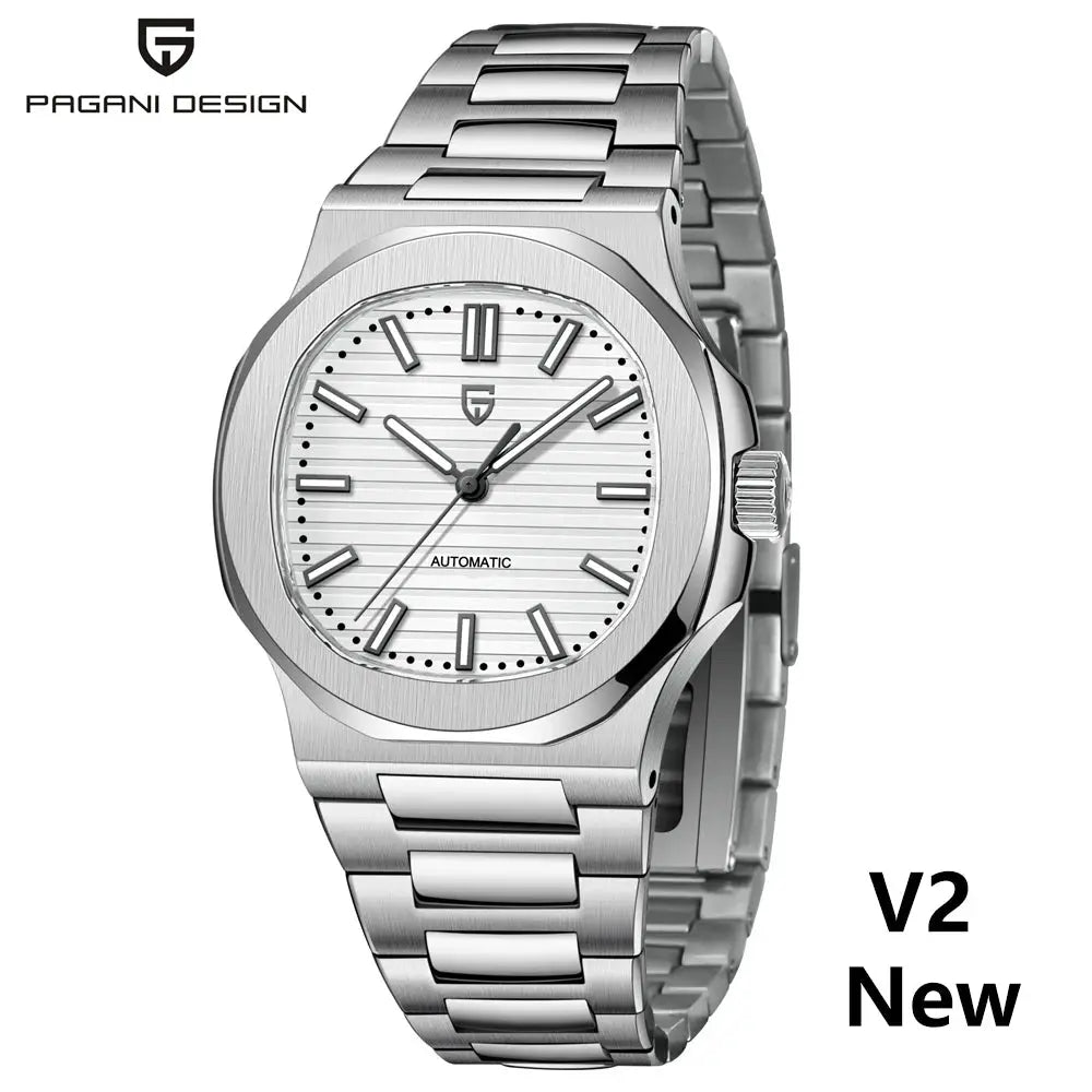 Pagani Design 40mm stainless steel automatic men's watch with a white striped dial