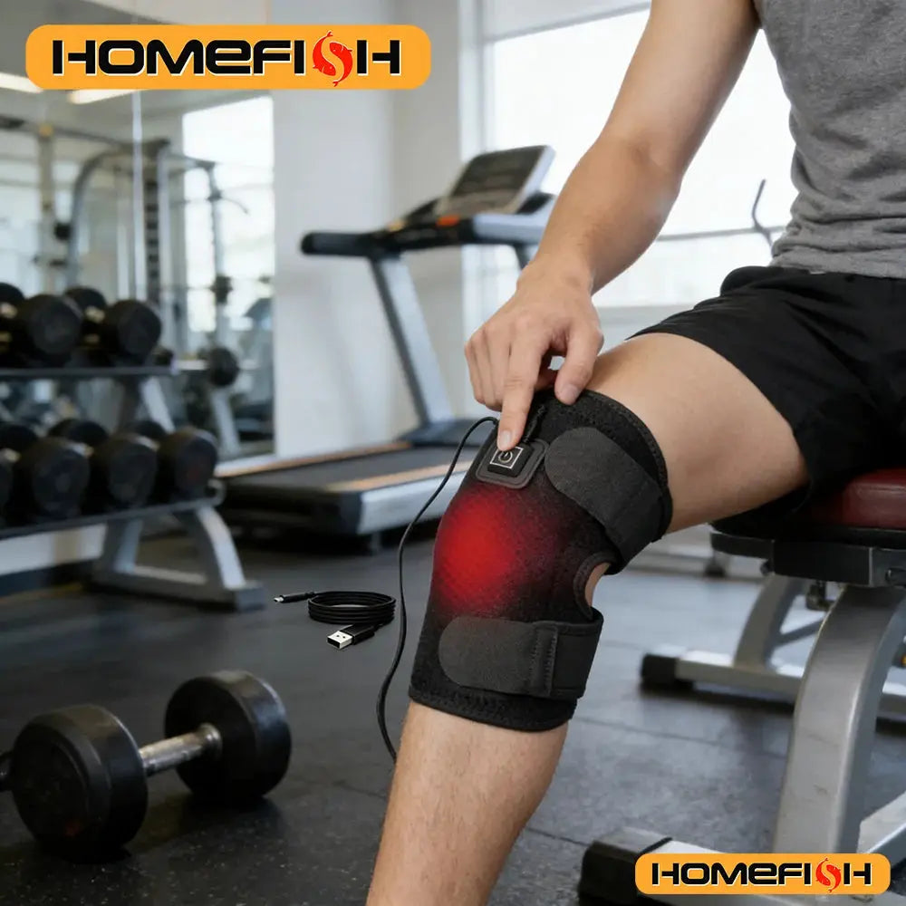 Electric knee heating pad in black adjustable USB powered wrap with HOMEFISH logo