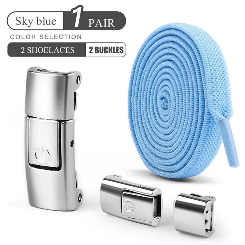 No-tie elastic flat blue shoelaces with press-lock closure; 1 pair with 2 buckles, Simples Market