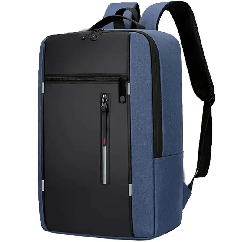 Backpack blue and black travel backpack by Simples Market with front vertical zip pocket