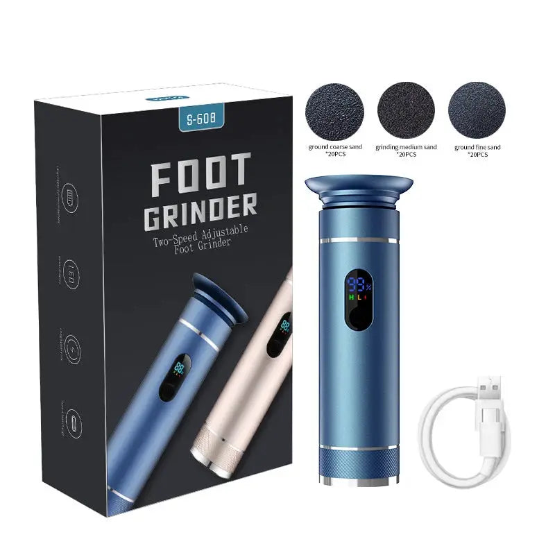 Foot grinder in blue aluminum alloy with USB-C and battery power, digital display, and 3 sanding discs