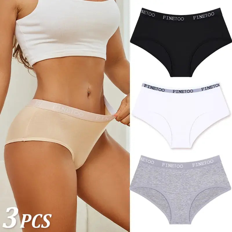 3-pack women's cotton briefs by Simples Market with Finetoo waistband in beige, black, white