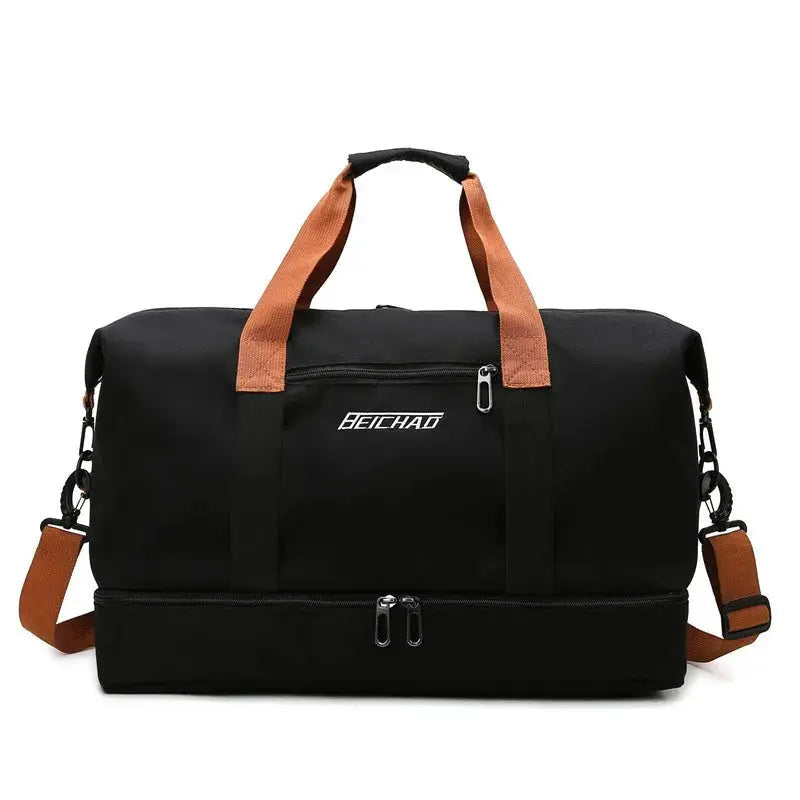 Travel gym duffle bag Beichad black with orange handles and detachable strap