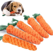 Five orange carrot-shaped cotton rope dog and cat chew toys with green tassels